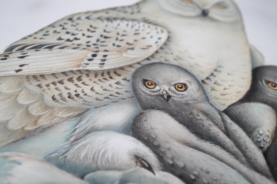 F. Minter, a painted and framed ‘owl’ porcelain plaque, 32cm sq. including frame. Condition -good, some scuffs to frame